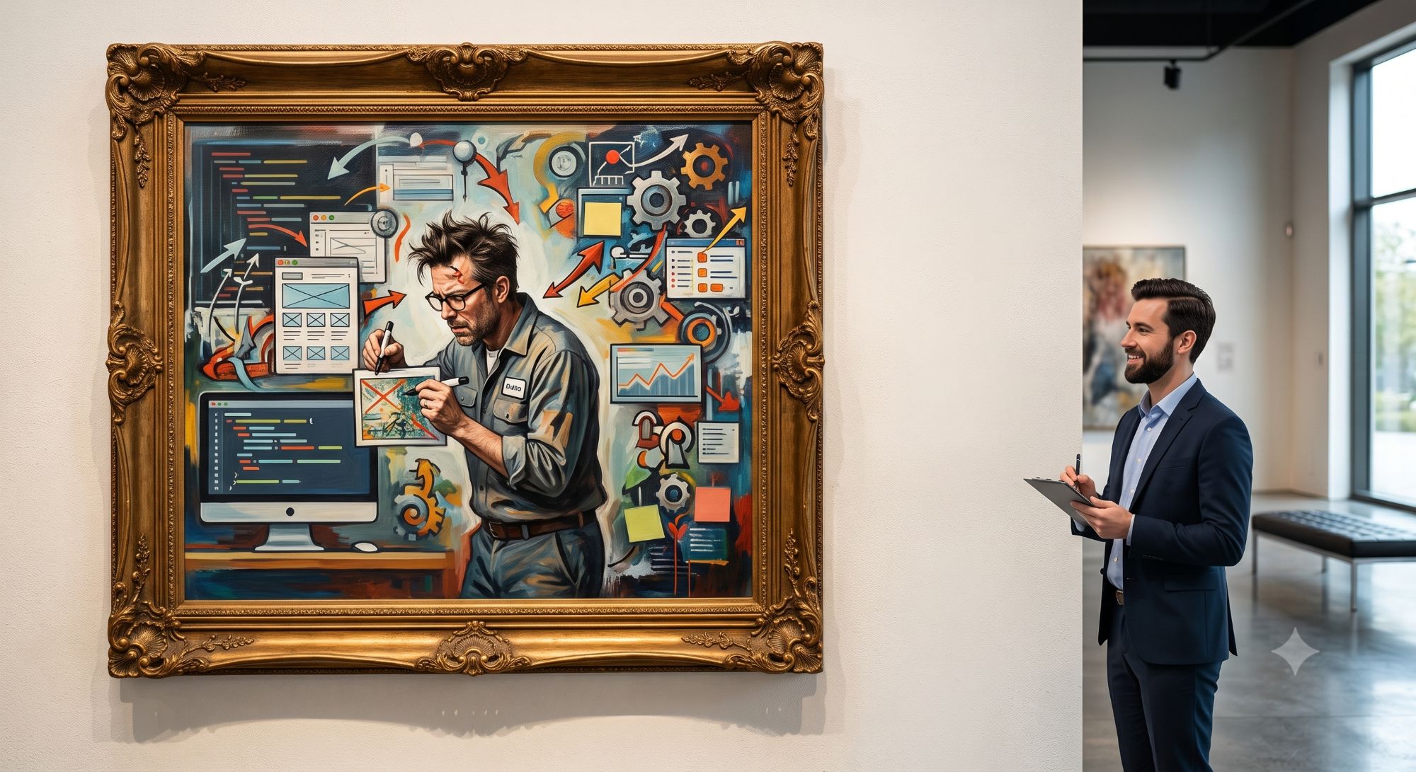 A visitor in a suit studies a large framed painting of someone hunched over their own screens and diagrams — too close to their own work to see the whole picture.